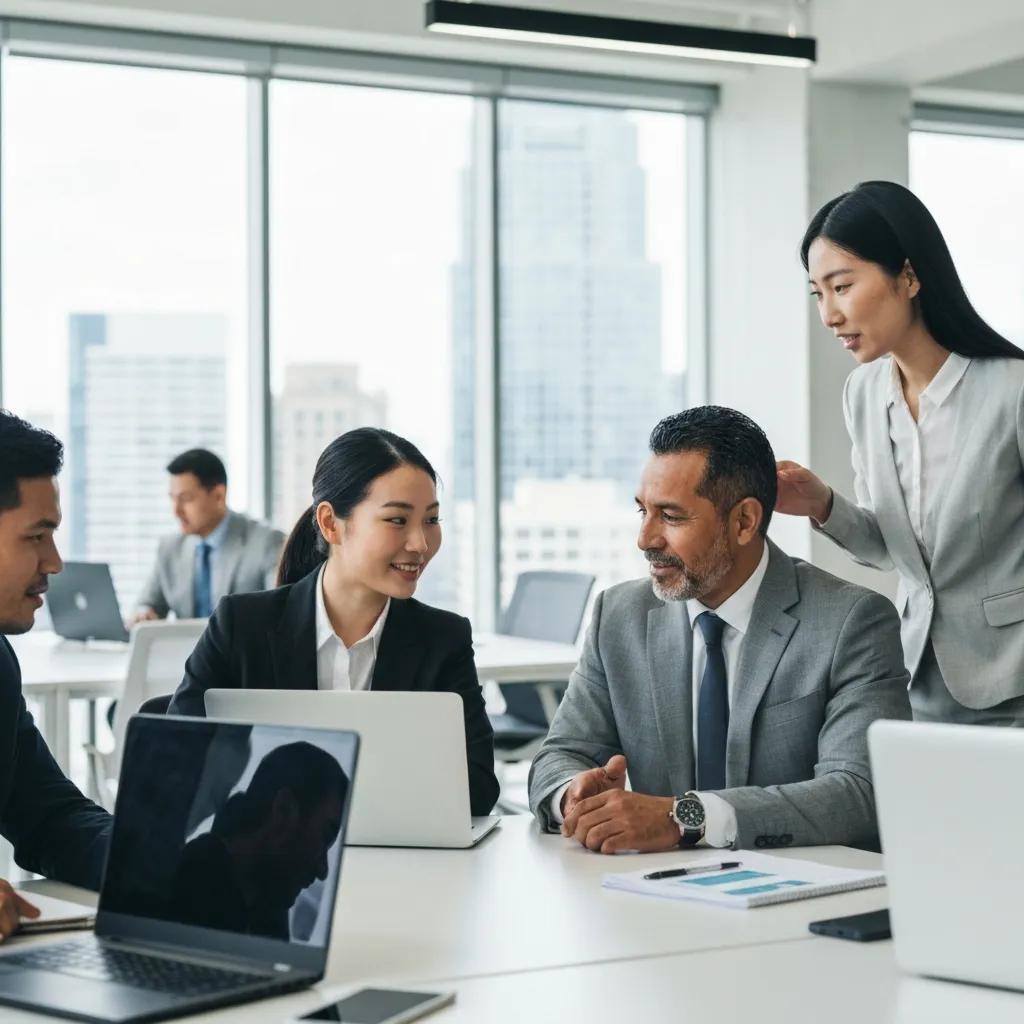 Business professionals collaborating on IT consulting solutions in a modern office