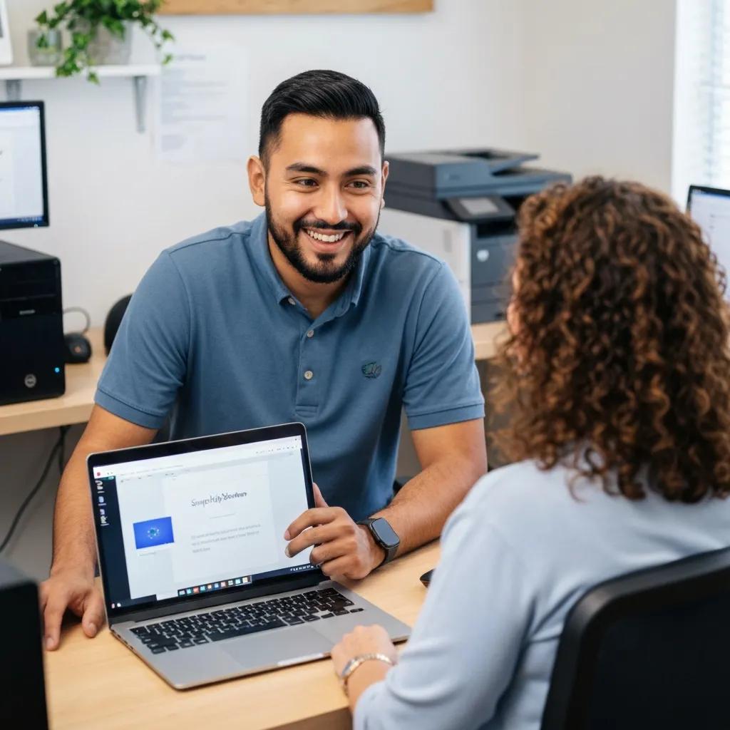 Local IT technician helping a Houston small-business owner on-site