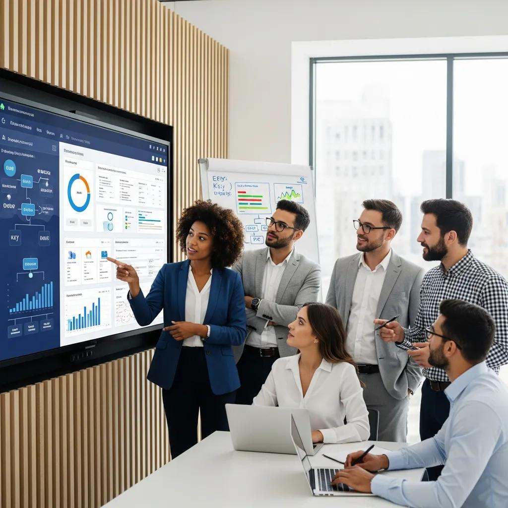 Business professionals analyzing ERP software features in a modern office