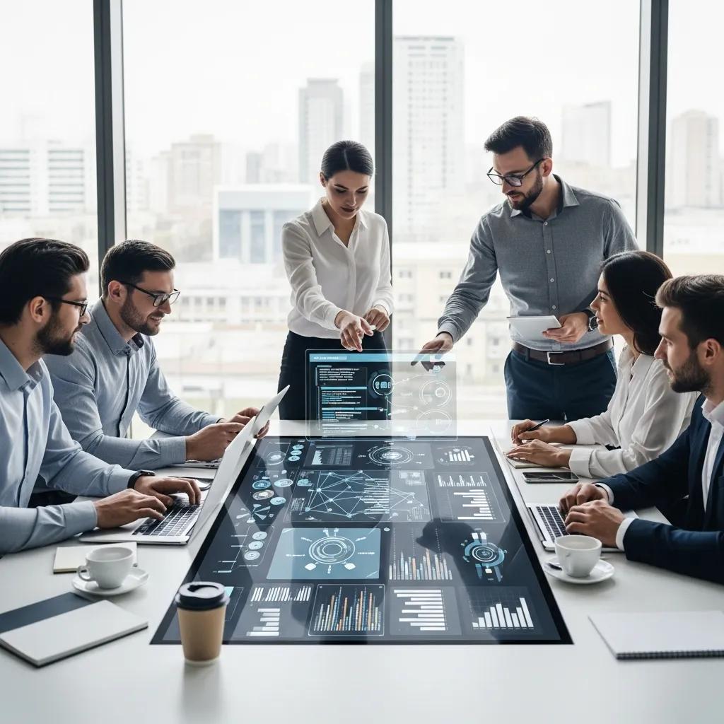 Business professionals collaborating on IT solutions in a modern office