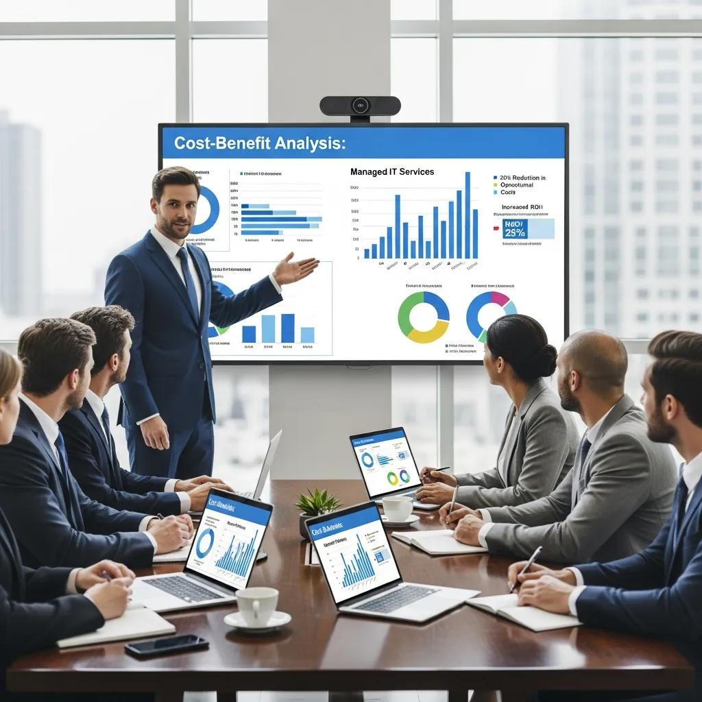 Business professionals reviewing cost-effective managed IT options during a meeting