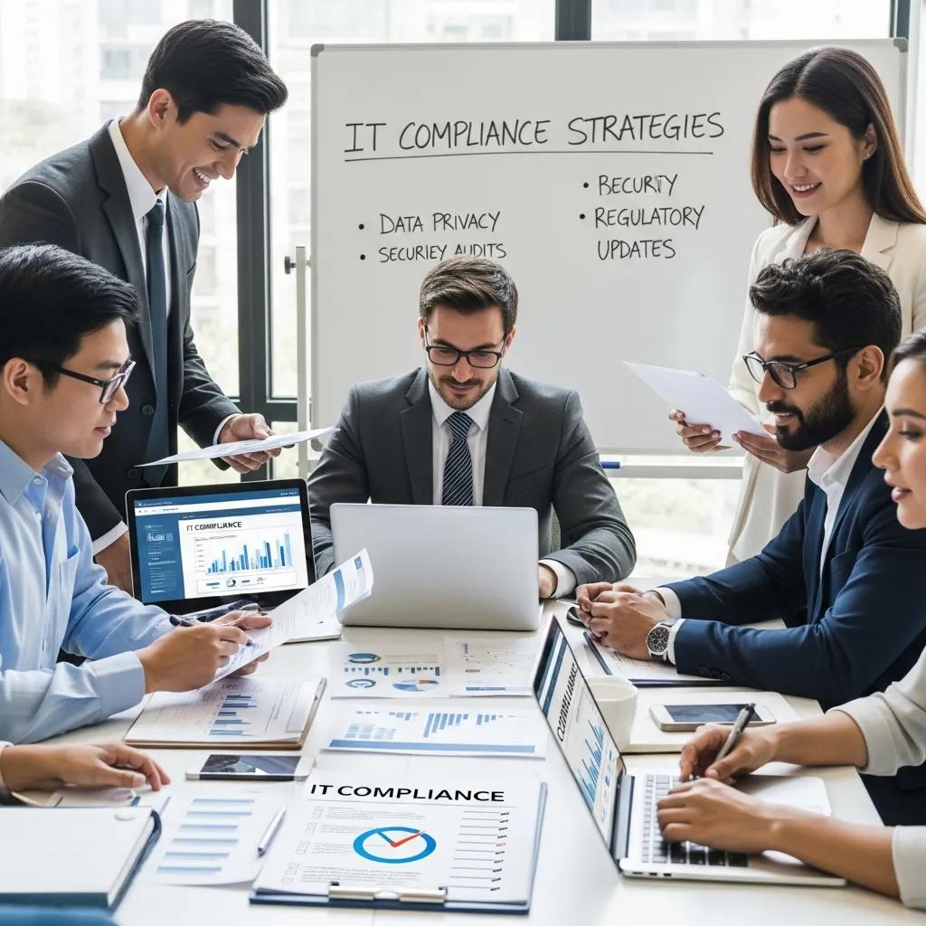 Business professionals discussing IT compliance strategies in a modern office