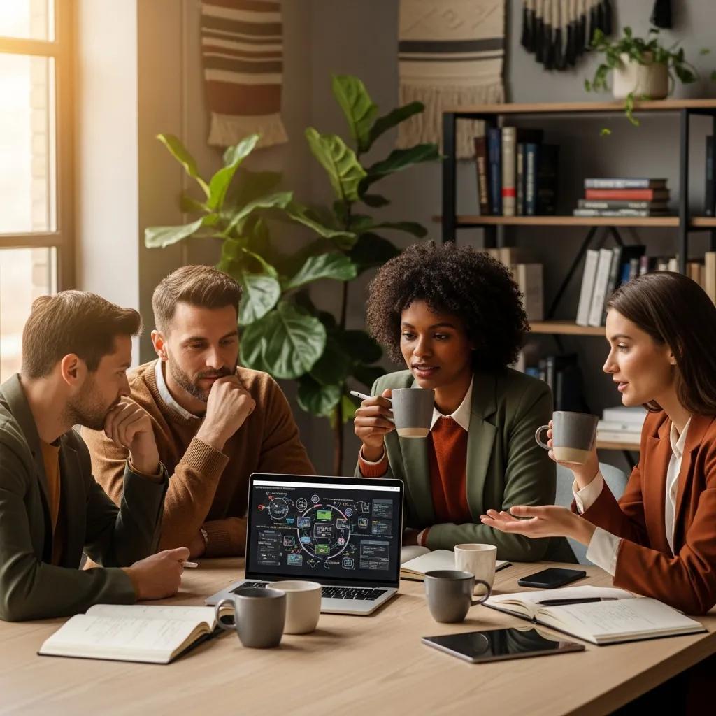 Business team discussing digital transformation strategies around a laptop in a cozy workspace, illustrating IT consulting