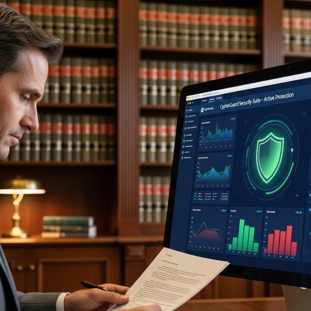 Close-up of a cybersecurity dashboard as a legal professional reviews documents