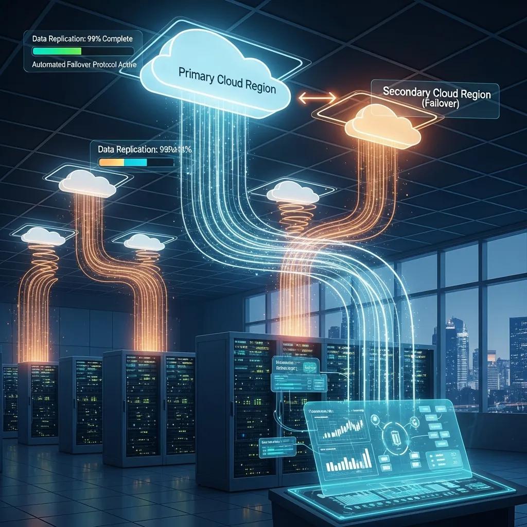 Cloud disaster recovery setup showing data replication and failover