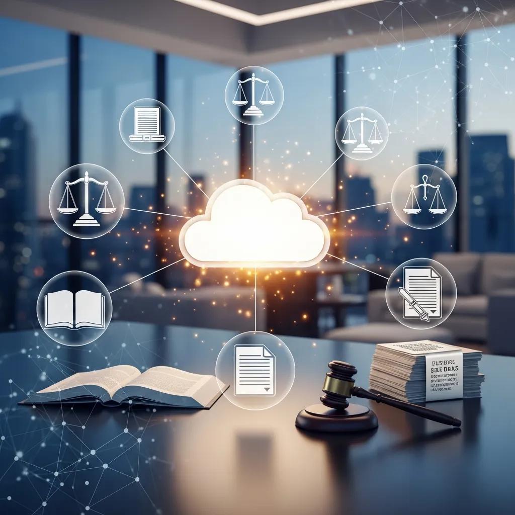 Cloud computing concept for legal industry with legal icons over an office backdrop
