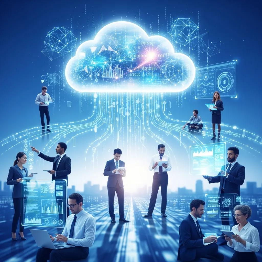 Cloud computing concept with professionals engaging in digital transformation