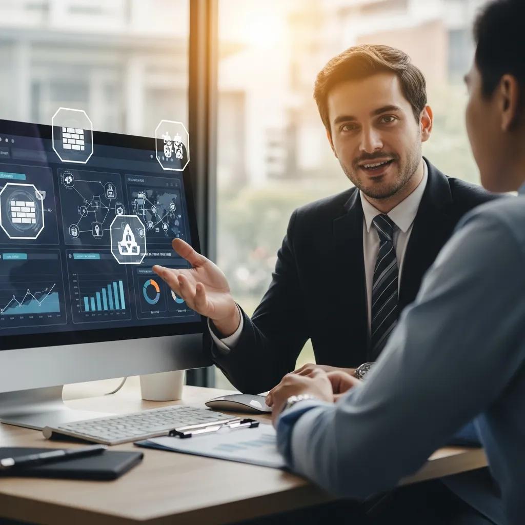 Cybersecurity consultant conducting a threat assessment with a small business owner