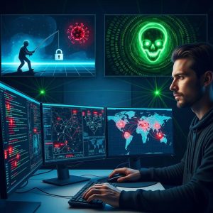 Cybersecurity expert analyzing threats on multiple screens in a high-tech environment
