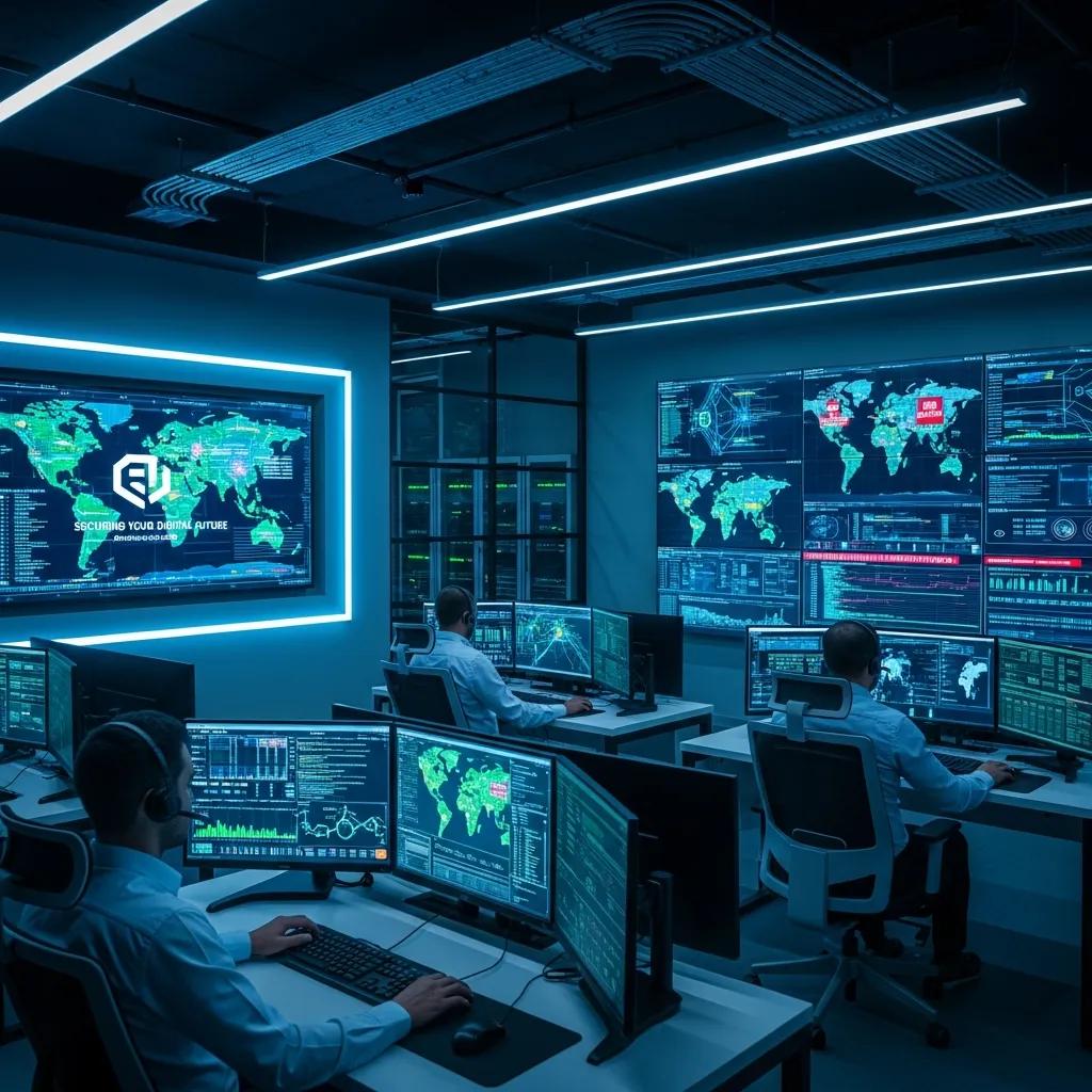 Cybersecurity operations team monitoring threats and protecting business data