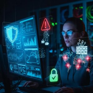 Cybersecurity professional analyzing data with digital security icons representing threats and prevention techniques