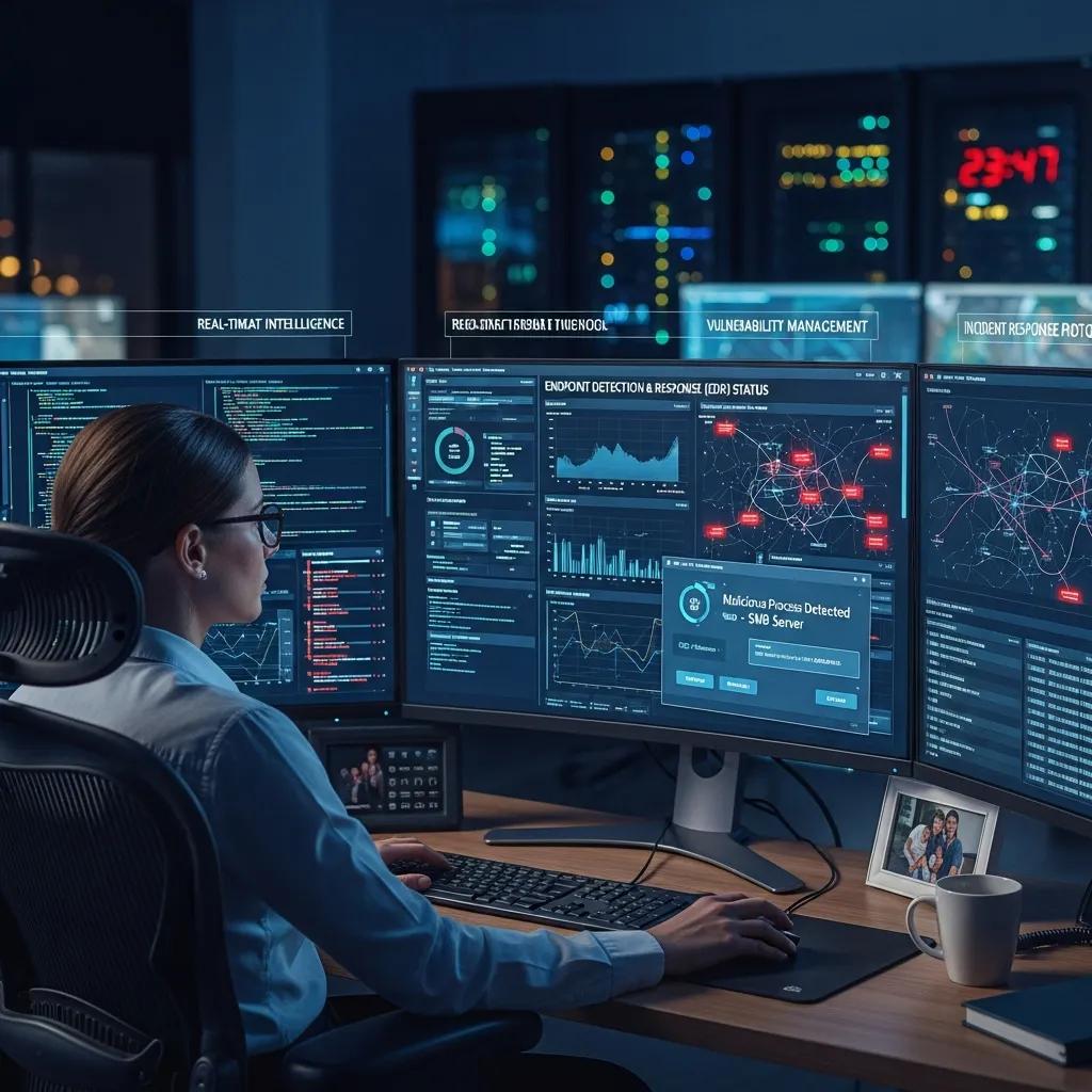 Security analyst watching endpoint telemetry in an operations center