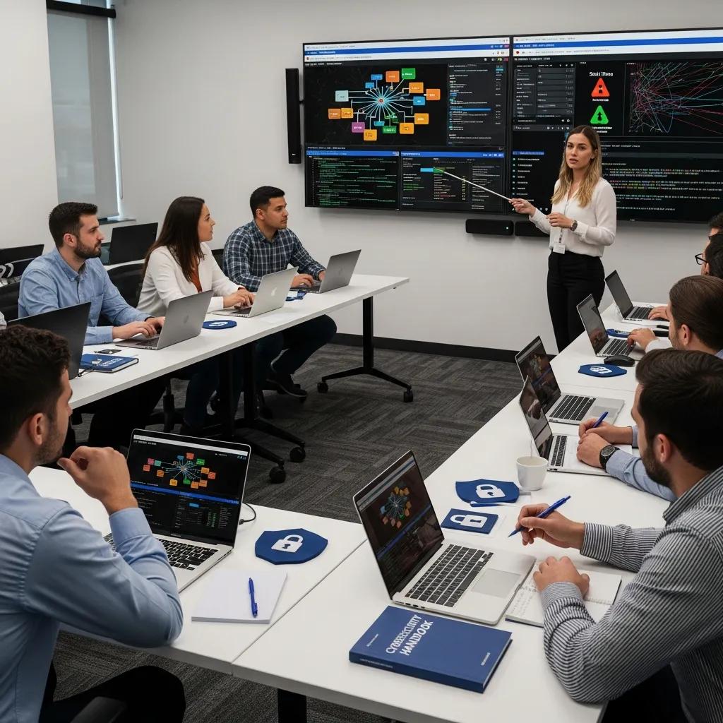 Cybersecurity training session with employees learning about incident response and security measures