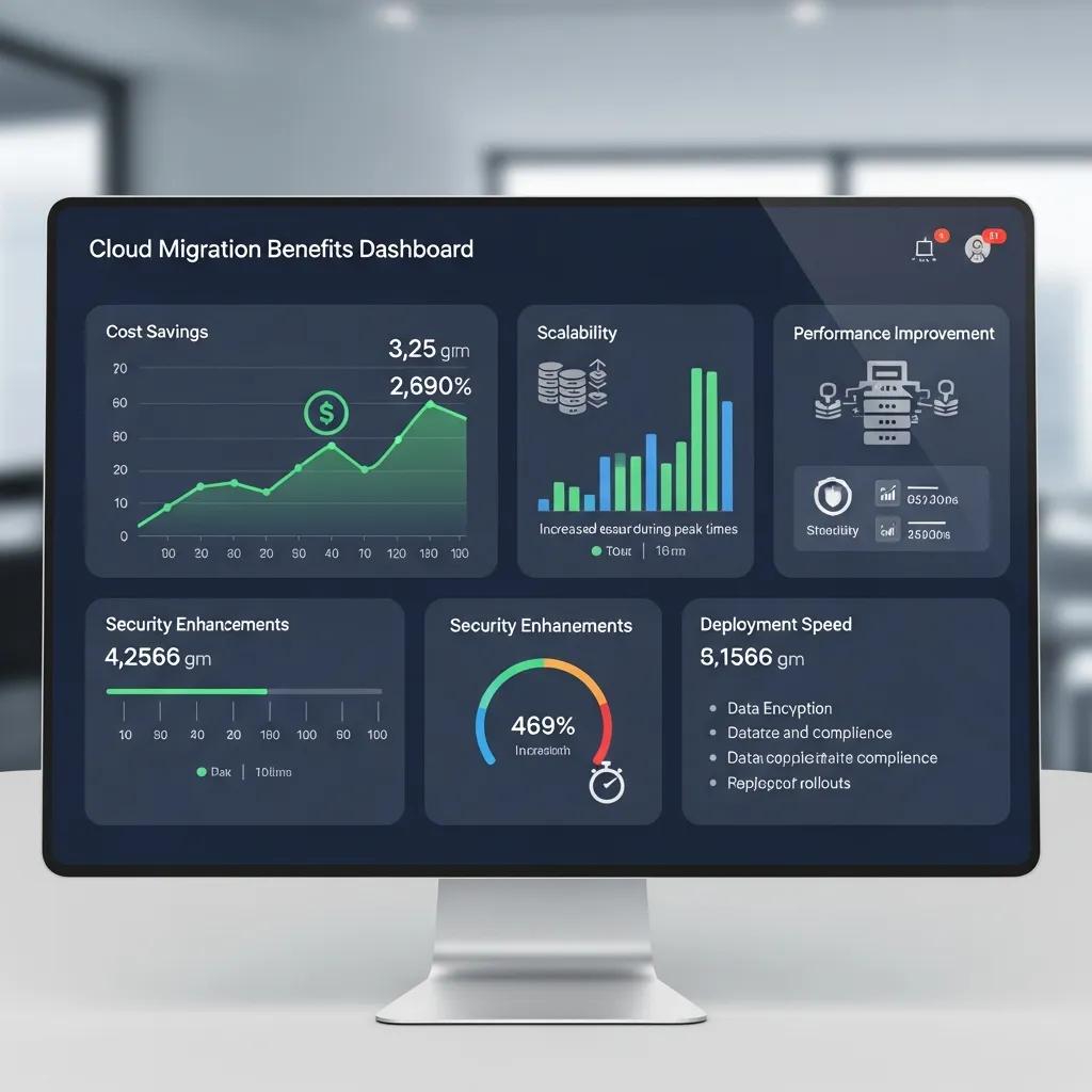 Dashboard showing cloud migration benefits such as cost savings and flexible scaling