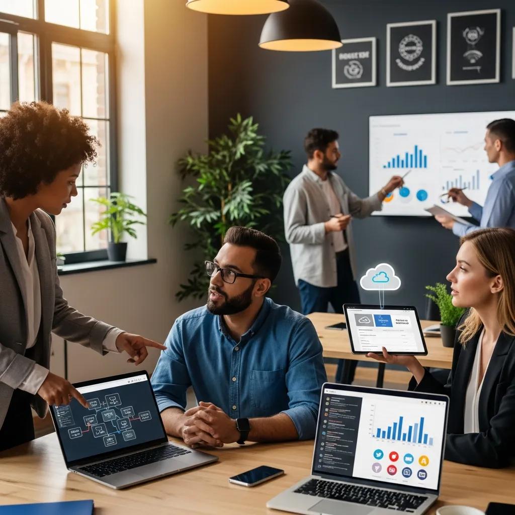Diverse small business professionals collaborating in a modern office, representing managed IT and digital marketing solutions