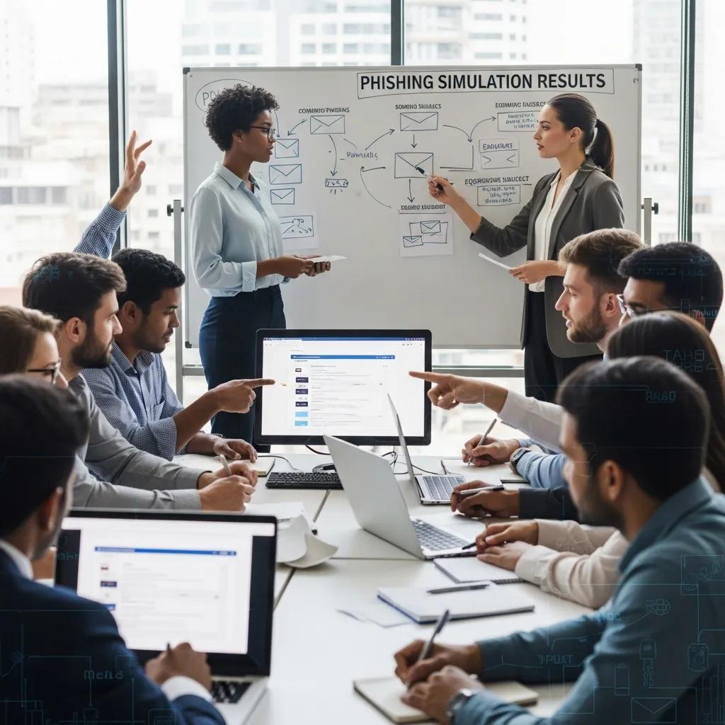 Employees in a hands-on cybersecurity training session to reduce phishing and ransomware risk