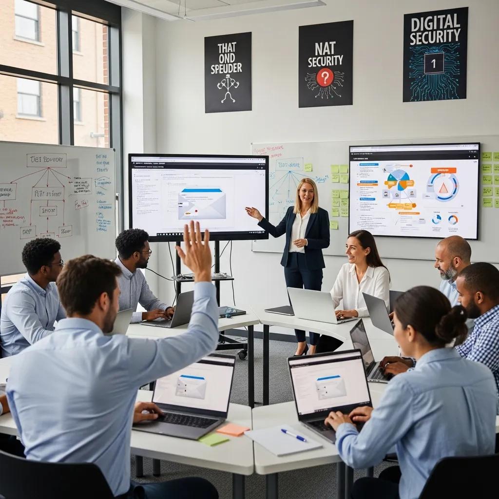 Employees taking part in a practical cybersecurity awareness session