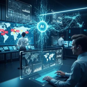 Futuristic AI technology analyzing data in a cybersecurity context