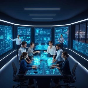 Futuristic control room with professionals analyzing AI-driven server management data and automation strategies