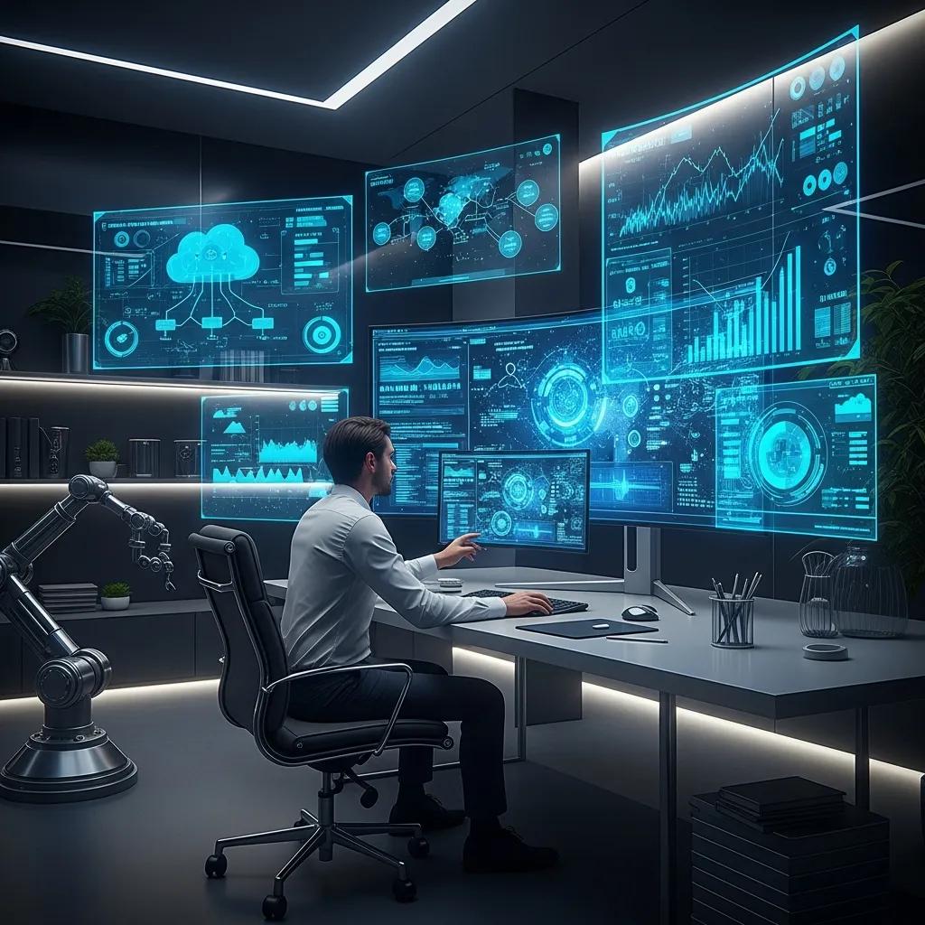 Futuristic workspace with AI and cloud computing transforming information services