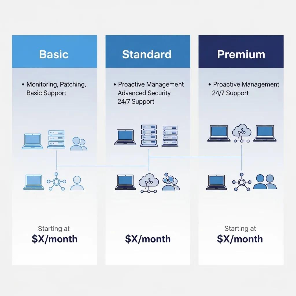 Illustration of managed IT services pricing models, highlighting per-user, per-device, and tiered pricing