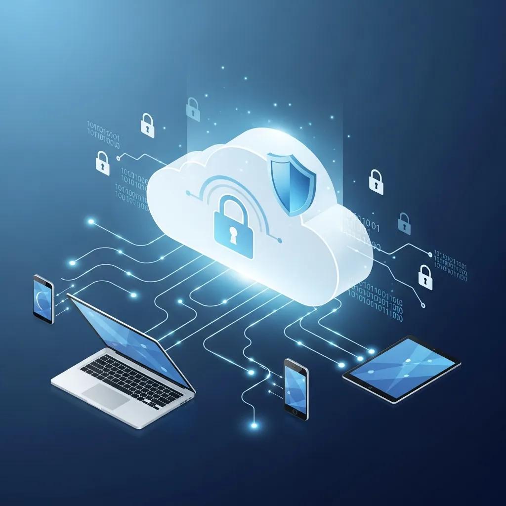 Illustration of secure cloud storage with devices backing up data, emphasizing business continuity