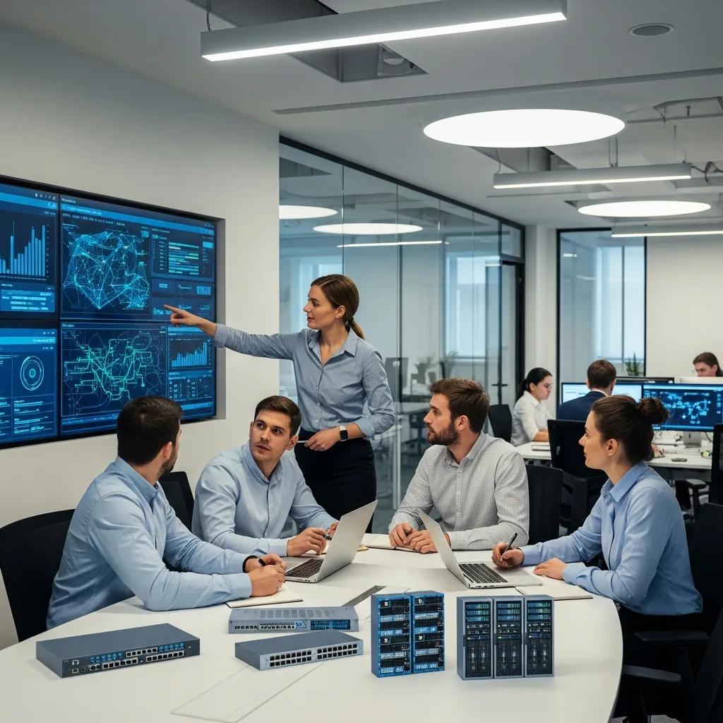 IT professionals collaborating in a modern office setting, emphasizing managed IT services