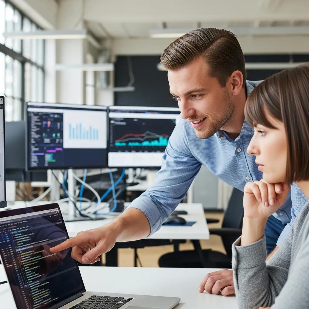 IT support technician assisting a client in a modern office setting