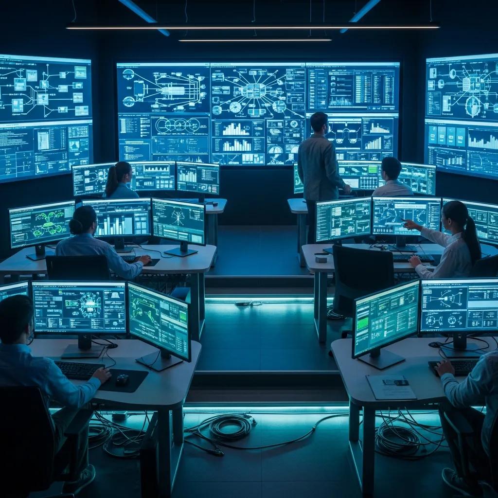 Managed service provider team monitoring IT systems in a high-tech control room