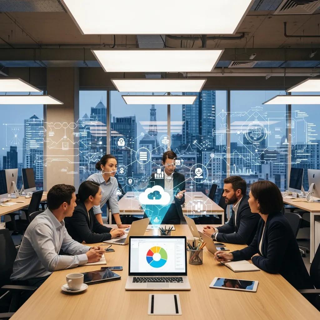 Modern office collaboration with technology, emphasizing managed IT and cloud computing