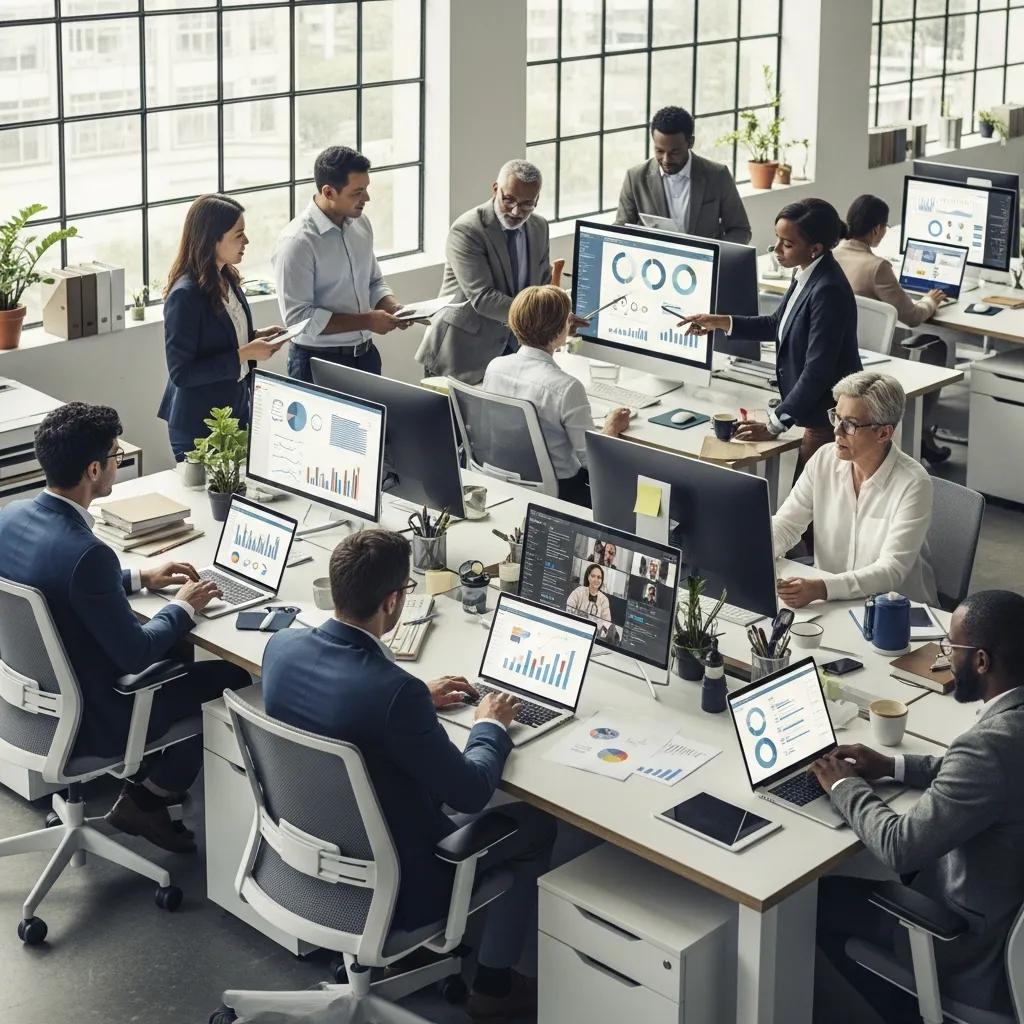 Modern office collaboration with technology solutions enhancing business efficiency
