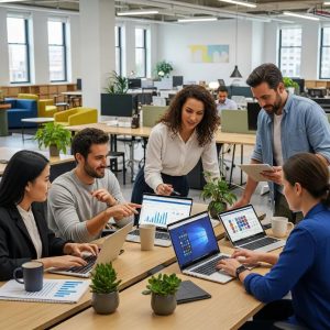 Office collaboration with Microsoft 365 tools enhancing productivity