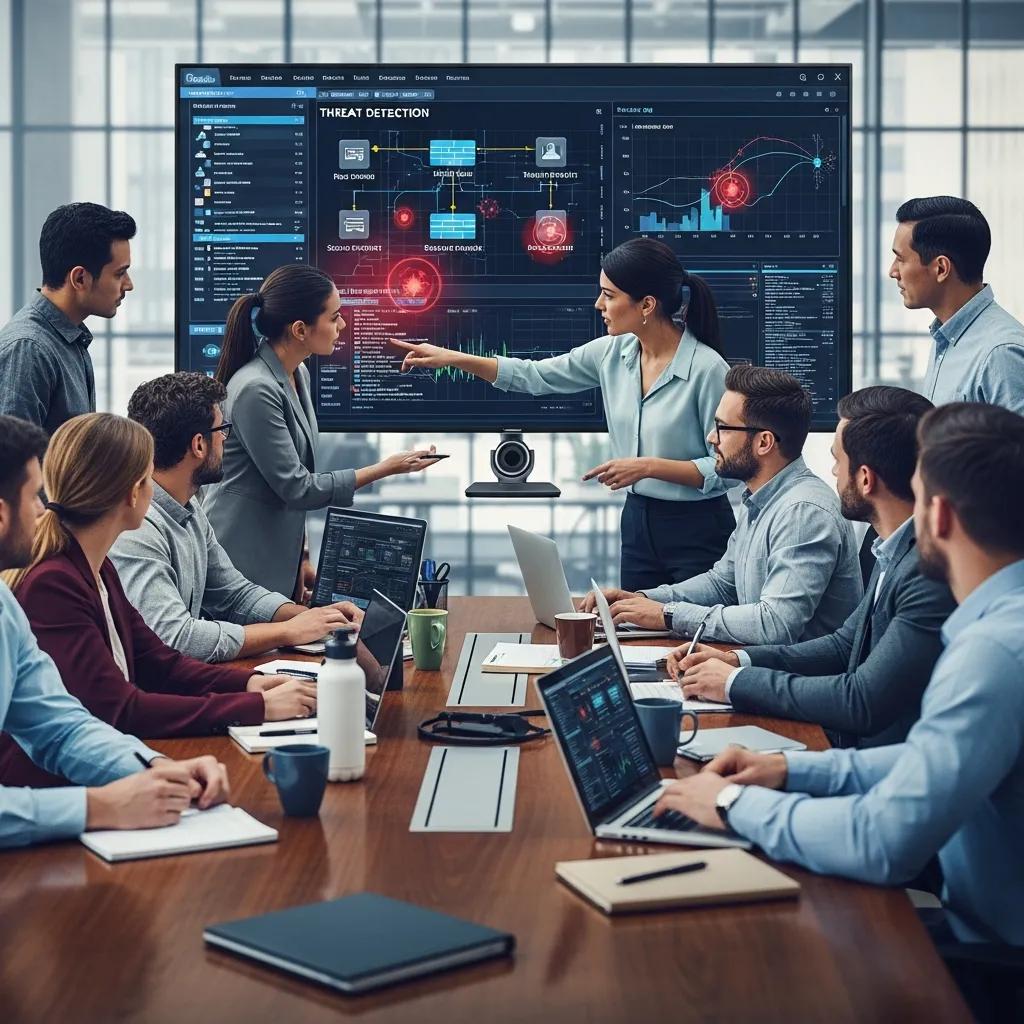 Office professionals discussing managed firewall and network security services with analytics on screen