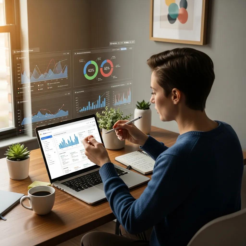 Person analyzing website performance data on a laptop in a cozy workspace