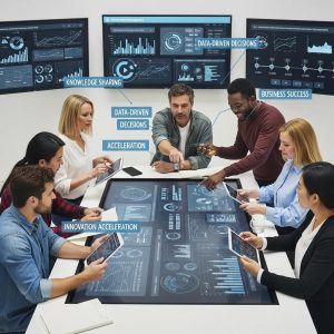 Professionals brainstorming with digital tools emphasizing knowledge management services