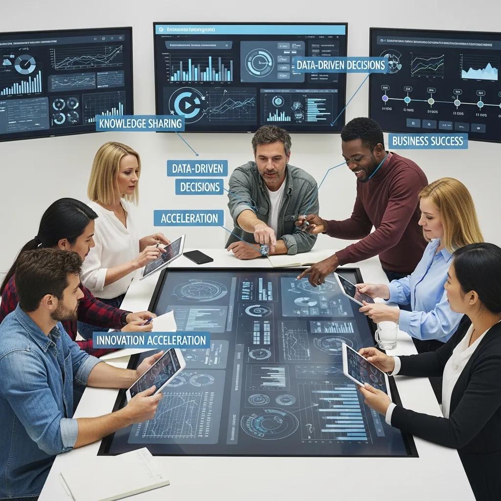 Professionals brainstorming with digital tools emphasizing knowledge management services