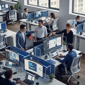 Professionals collaborating in a modern office using virtual desktop infrastructure technology