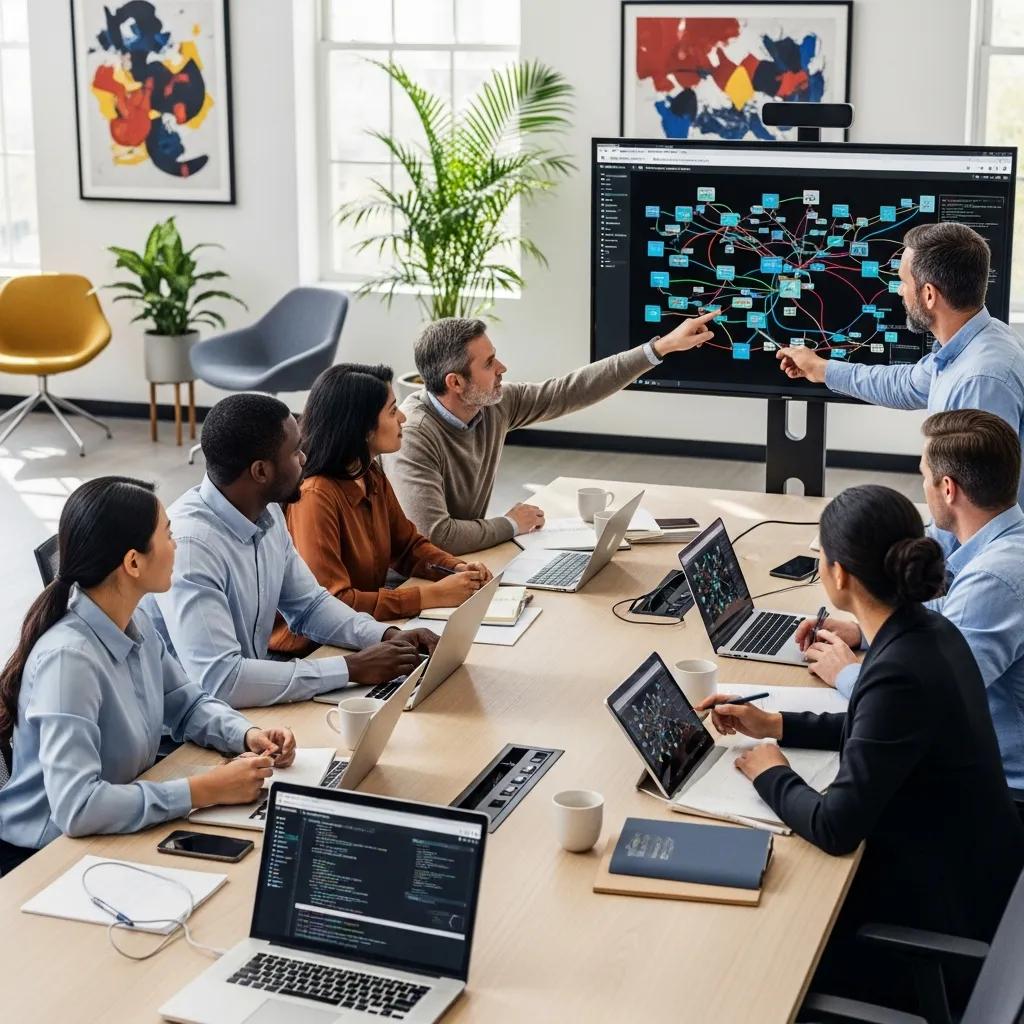 Team collaborating on network management strategies in a modern office