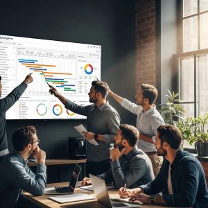 Team reviewing project management software in a bright office