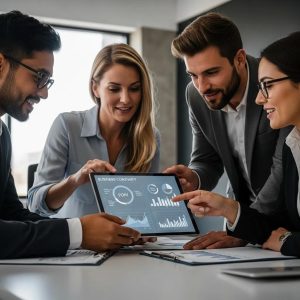 Team of business professionals collaborating on business continuity planning strategies