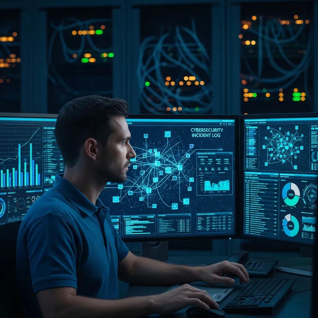 Technician monitoring network systems in a high-tech control room, illustrating managed IT services