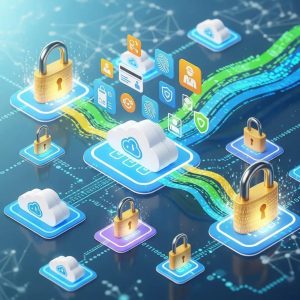 Visual representation of cloud security with icons of encryption and access management highlighting best practices