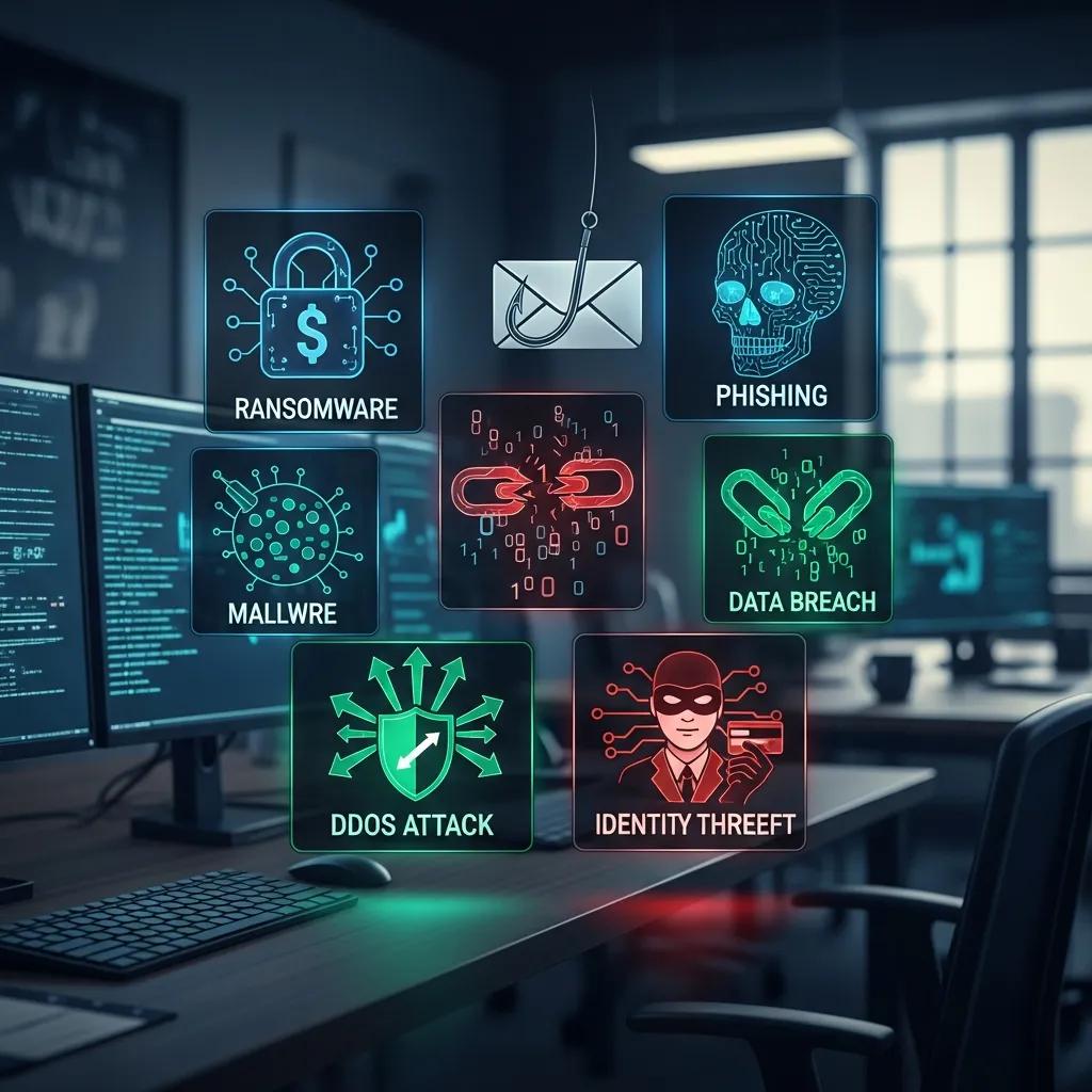 Illustration of common cyber threats such as ransomware and phishing affecting businesses