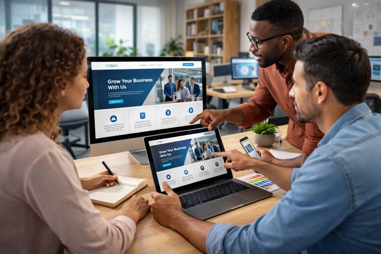 Two professionals collaborating on web design, showcasing a laptop and monitor displaying a business website titled "Grow Your Business With Us," emphasizing user experience and professional branding.