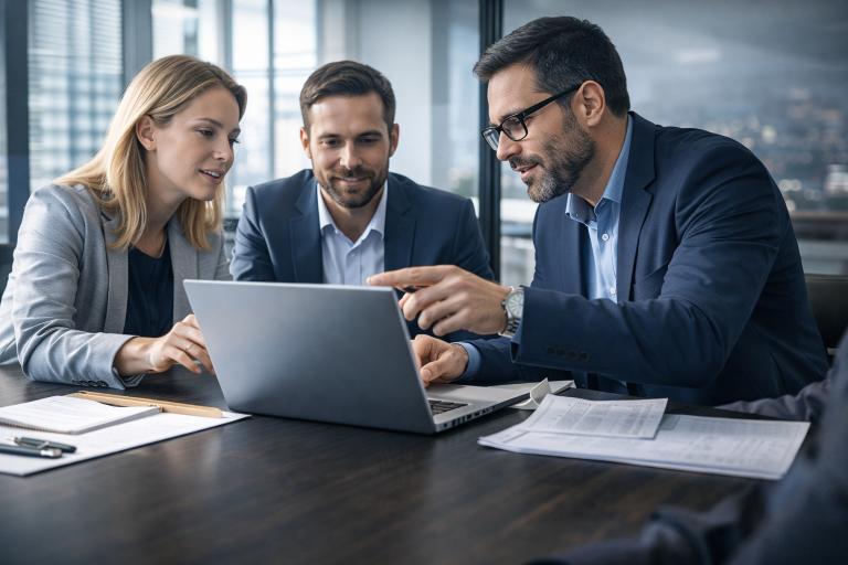 Business advisors discussing IT consulting strategies over a laptop, emphasizing collaboration and technology integration.