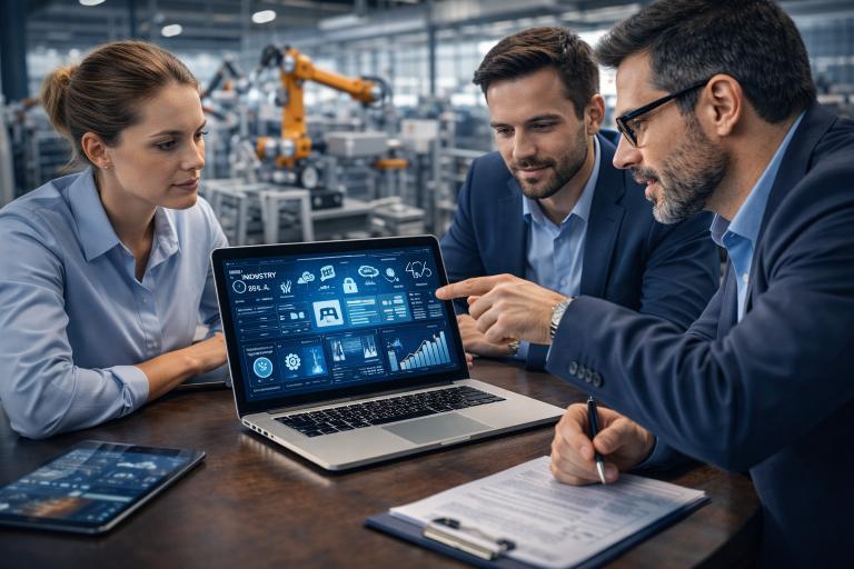 Business professionals analyzing data on a laptop screen in a technology-driven environment, discussing IT consulting strategies for operational efficiency and growth.