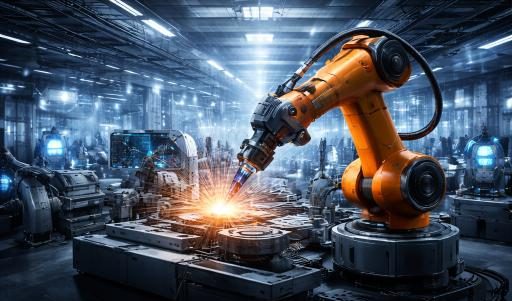 Industrial robotic arm performing welding in a high-tech manufacturing environment, showcasing automation and precision in construction and engineering processes.