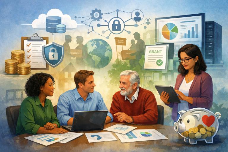 Group of diverse professionals discussing data management and cybersecurity strategies, with visuals of charts, a globe, and financial symbols, illustrating IT consulting for nonprofits and strategic technology planning.