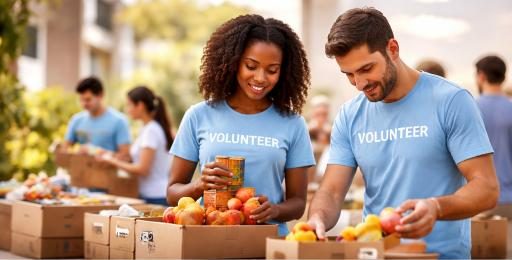 Volunteers sorting fruits and canned goods at a community food drive, showcasing teamwork and community engagement.