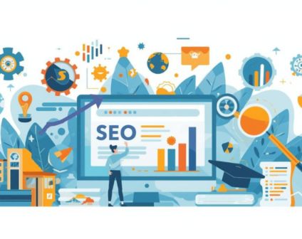 Illustration of a person analyzing SEO metrics on a computer screen, surrounded by educational icons, graphs, and symbols representing digital marketing and analytics for schools and educational institutions.